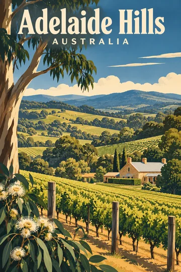 Ilustracyjny plakat Adelaide Hills: zielone rzędy winorośli na łagodnych wzgórzach, eukaliptus i wiejski budynek.