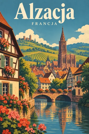 Ilustracyjny plakat Alzacji z domami o konstrukcji szachulcowej, winnicami, zamkiem na wzgórzu i gotycką wieżą.