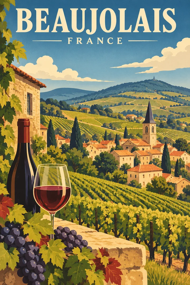 Plakatowa ilustracja winnic na falistych wzgórzach Beaujolais z zabudową wsi i kieliszkiem czerwonego wina