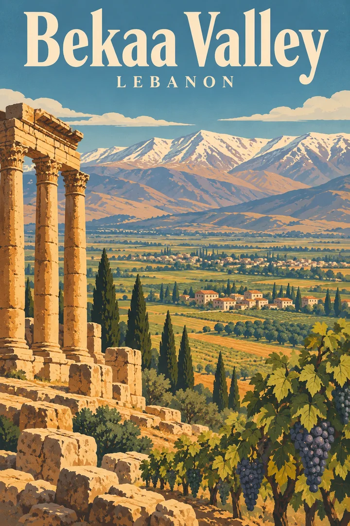Artystyczna interpretacja Doliny Bekaa: winnice, góry Libanu i kamienne kolumny przypominające ruiny Baalbeku