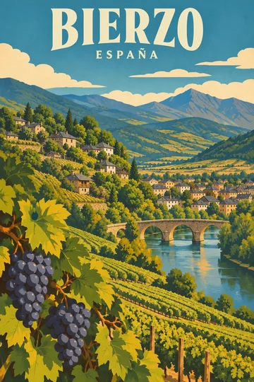 Artystyczna ilustracja Bierzo: winnice, zalesione góry, rzeka z kamiennym mostem i wiejska zabudowa z łupkowymi dachami.