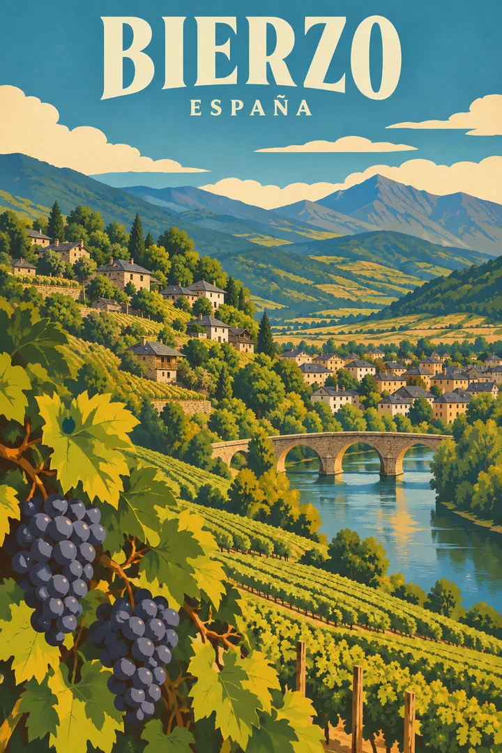 Artystyczna ilustracja Bierzo: winnice, zalesione góry, rzeka z kamiennym mostem i wiejska zabudowa z łupkowymi dachami.