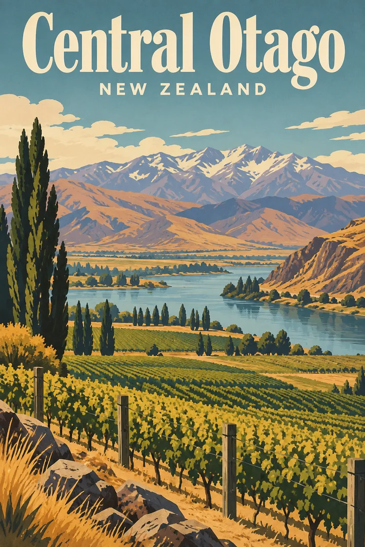 Plakat z górami, doliną i winoroślą, z napisem Central Otago i New Zealand
