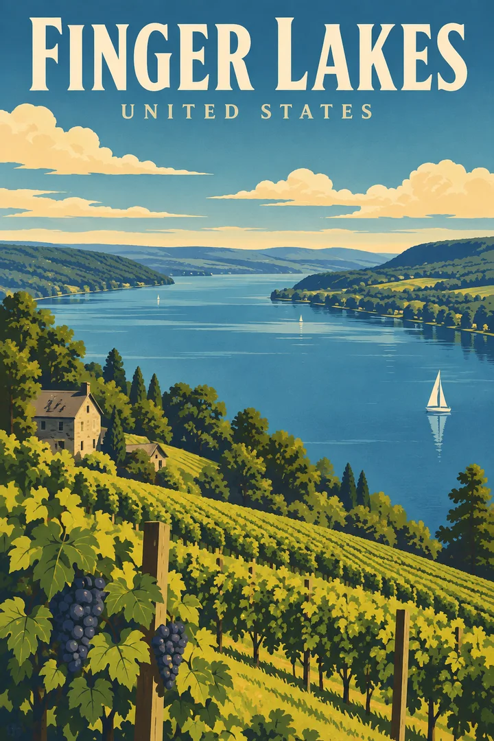 Artystyczna interpretacja Finger Lakes: długie jezioro, łagodne wzgórza i winnice na stokach