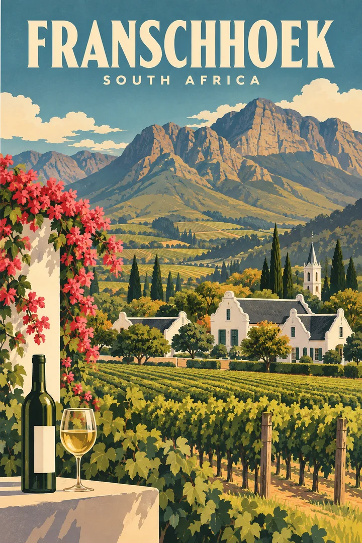 Ilustracyjny plakat Franschhoek z górami, rzędami winorośli, białymi budynkami i kieliszkiem wina na pierwszym planie