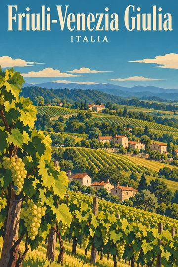 Ilustracyjny plakat Collio: pagórki winnic, wiejskie domy i góry w oddali.