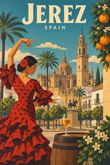 Artystyczny plakat Jerez z tancerką flamenco, pomarańczami, kieliszkiem i andaluzyjską zabudową