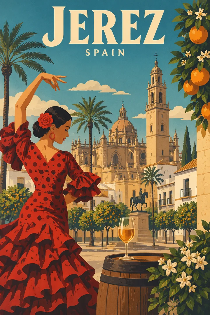 Artystyczny plakat Jerez z tancerką flamenco, pomarańczami, kieliszkiem i andaluzyjską zabudową
