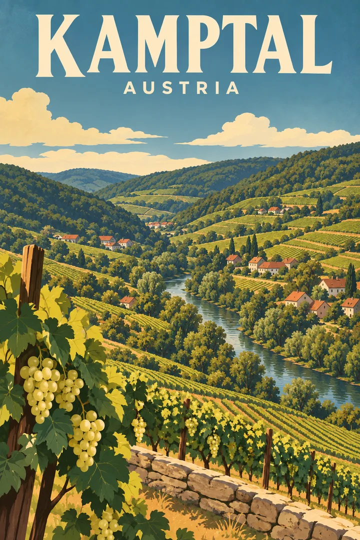 Regionalna ilustracja Kamptal: winnice na zielonych zboczach nad rzeką Kamp, z leśnymi wzgórzami i niewielkimi wsiami.