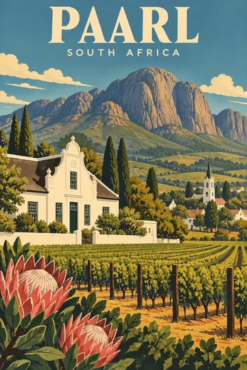 Ilustracyjny plakat Paarl: granitowa góra, winnice, protee i zabudowa w stylu Cape Dutch.