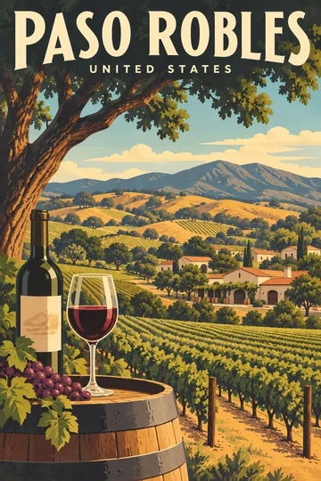 Wygenerowana ilustracja dębu, winnic, złotych wzgórz i prostej zabudowy Paso Robles.