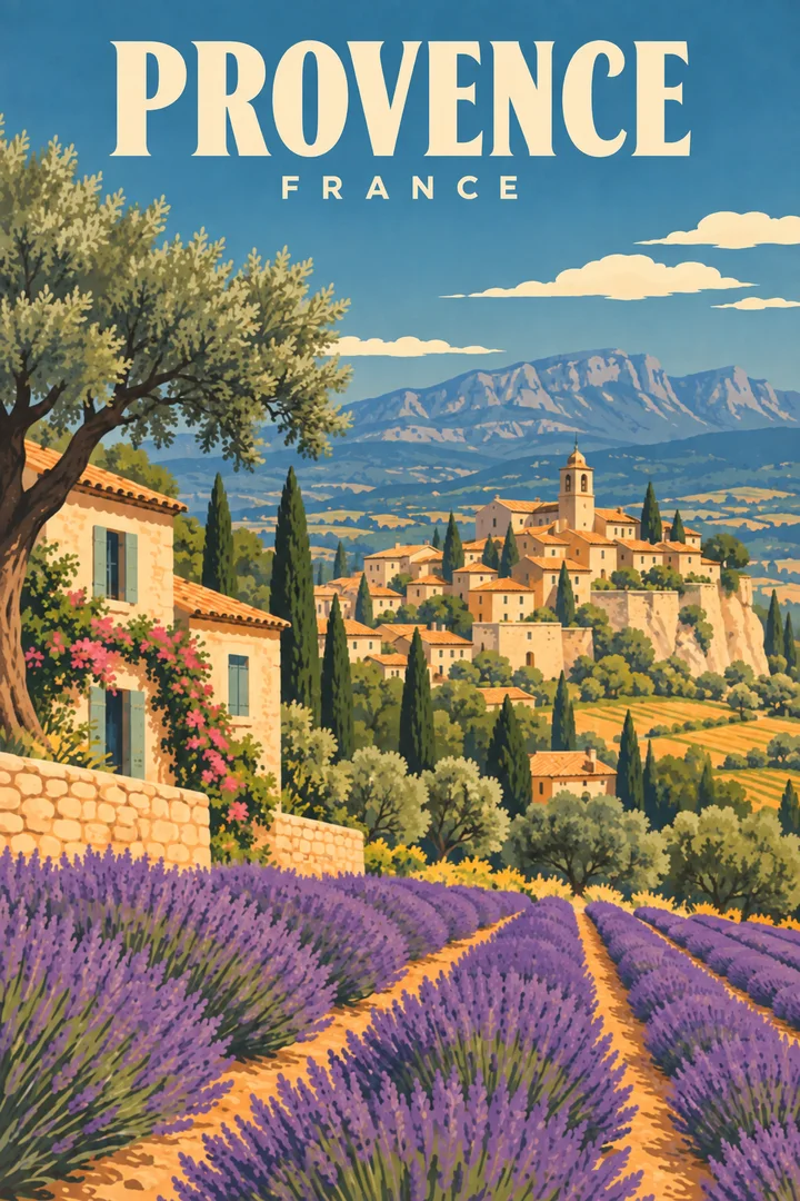 Rzędy lawendy, drzewo oliwne, kamienne domy z dachówkami, cyprysy, wieś na wzgórzu i jasne skaliste góry.