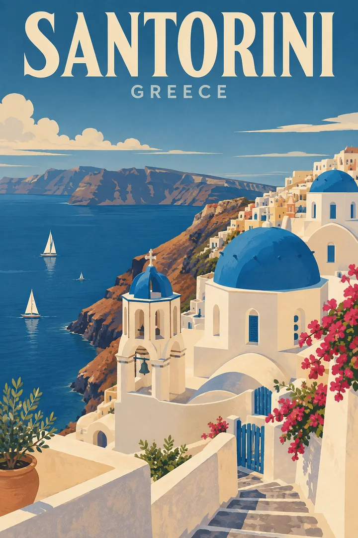 Wygenerowana ilustracja białej zabudowy i niebieskich kopuł na zboczu nad morzem na Santorini.
