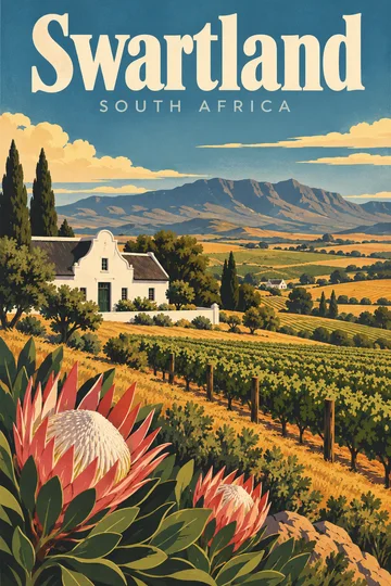 Ilustracja winnic, gór, farmy w stylu Cape Dutch i protei w Swartlandzie.