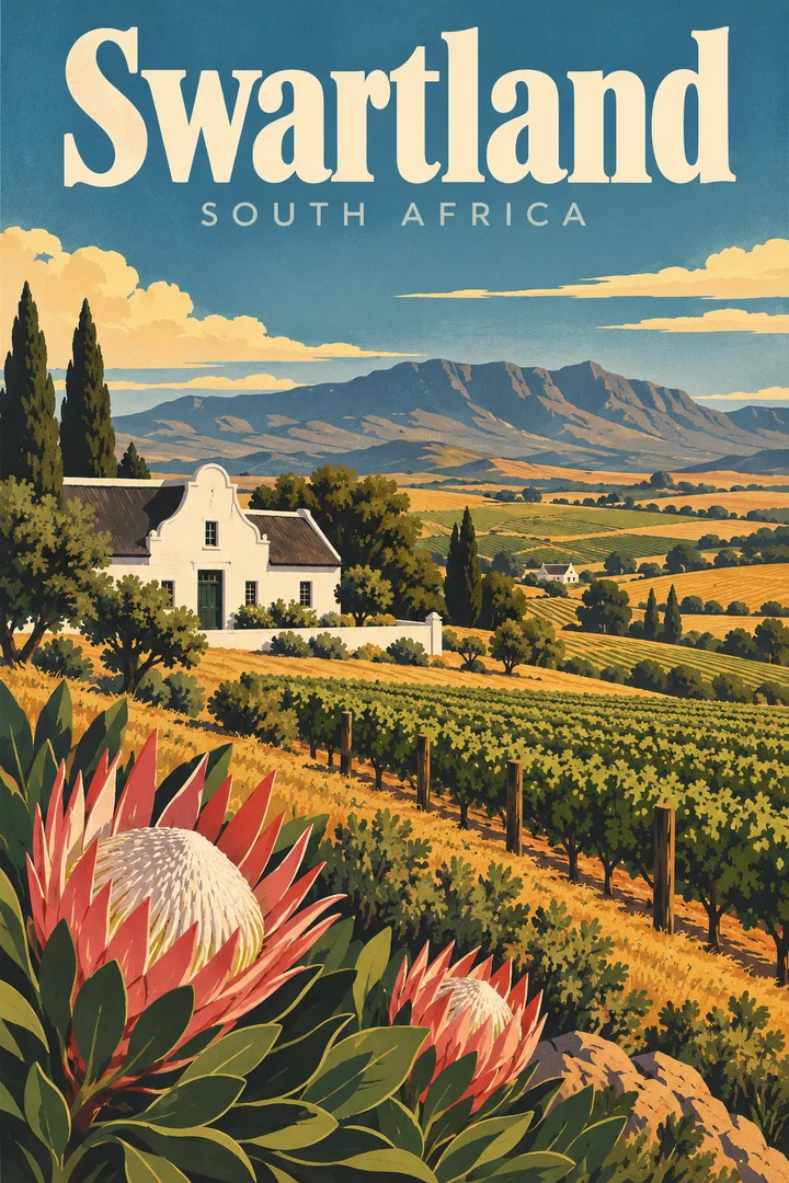 Ilustracja winnic, gór, farmy w stylu Cape Dutch i protei w Swartlandzie.