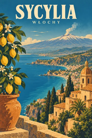 Artystyczna ilustracja Sycylii: Etna nad zatoką, cytryny i śródziemnomorska zabudowa.