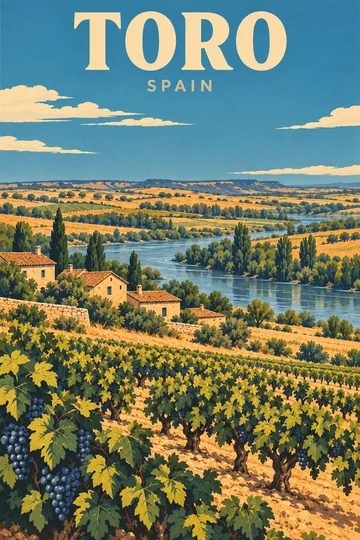 Ilustracyjna dolina Duero z winnicami, rzeką i niewielką zabudową.