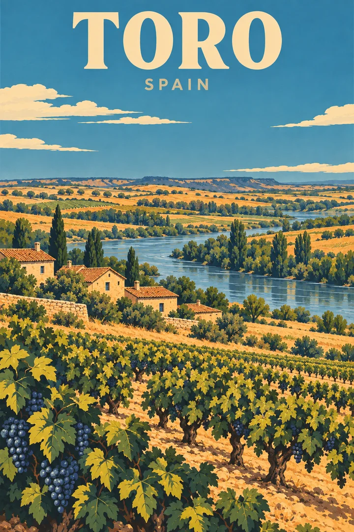 Ilustracyjna dolina Duero z winnicami, rzeką i niewielką zabudową.